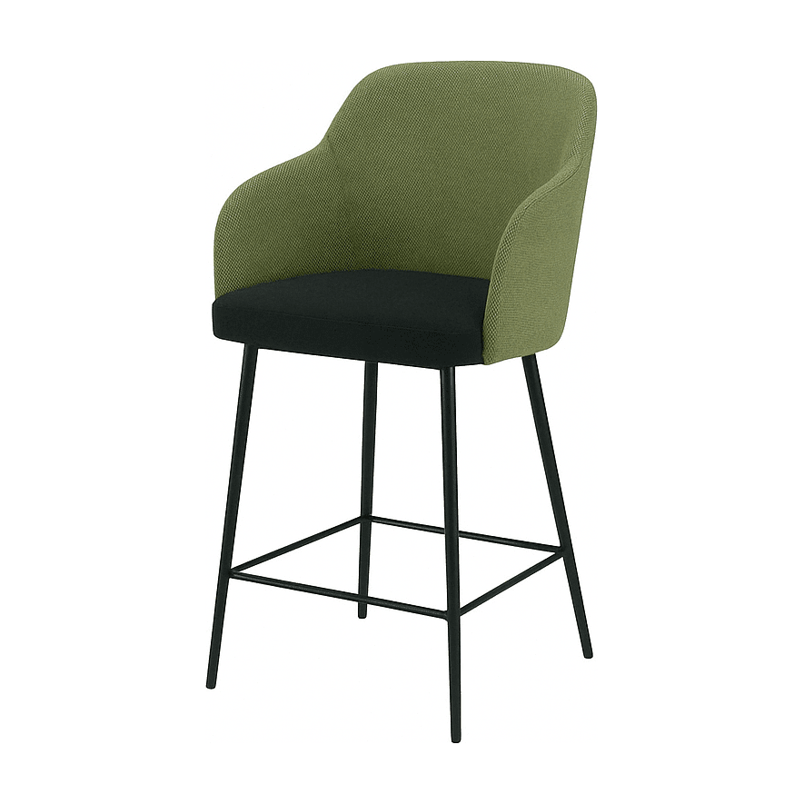 Scaun de bar ALEX din stofă verde oliv, vedere din unghi