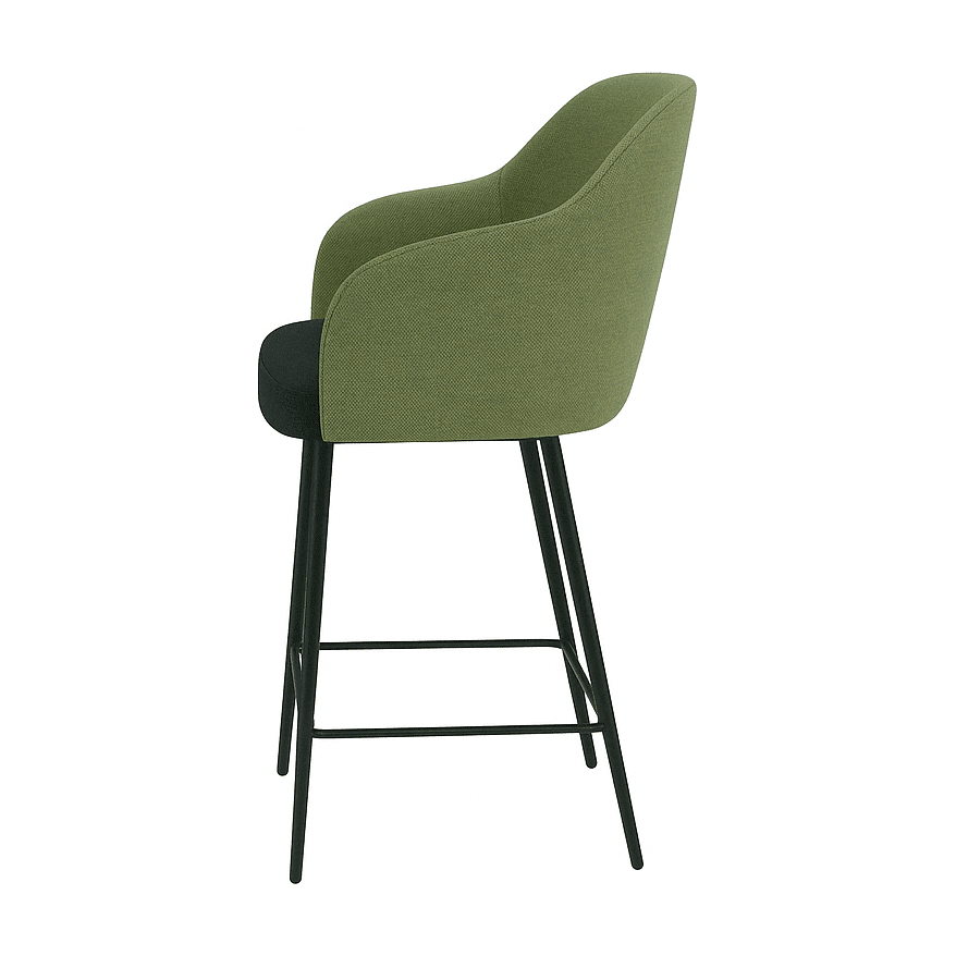 Scaun de bar ALEX din stofă verde oliv, vedere laterală