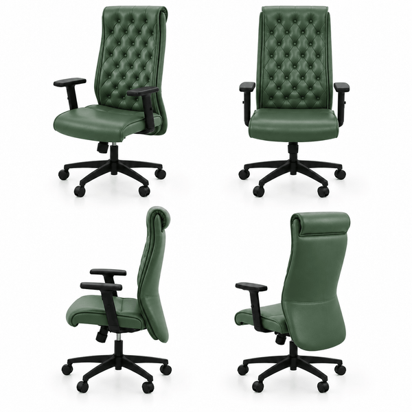 Scaun de birou ACTIVE P din piele naturală verde, cu spătar înalt capitonat cu nasturi, brațe reglabile și bază neagră cu roți, imagine de catalog cu produsul în 4 poziții