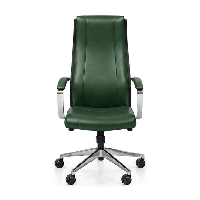 Scaun de birou președinte BOSS din piele naturală verde, cu spătar înalt, brațe și bază cromate, vedere frontală