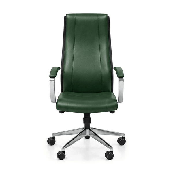 Scaun de birou președinte BOSS din piele naturală verde, cu spătar înalt, brațe și bază cromate, vedere frontală