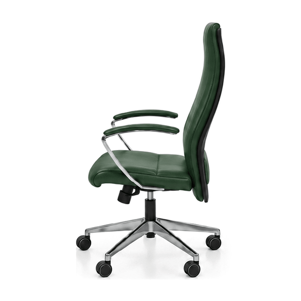 Scaun de birou președinte BOSS din piele naturală verde, cu spătar înalt, brațe și bază cromate, vedere laterală