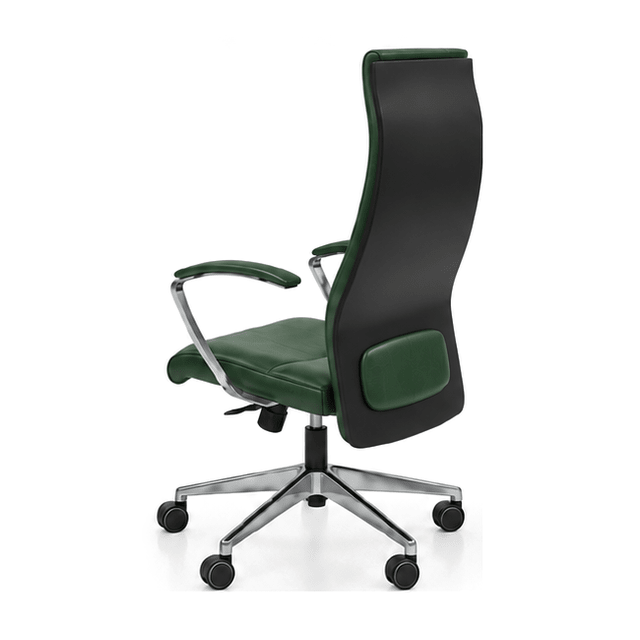 Scaun de birou președinte BOSS din piele naturală verde, cu spătar înalt, brațe și bază cromate, vedere din spate în unghi