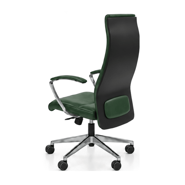 Scaun de birou președinte BOSS din piele naturală verde, cu spătar înalt, brațe și bază cromate, vedere din spate în unghi