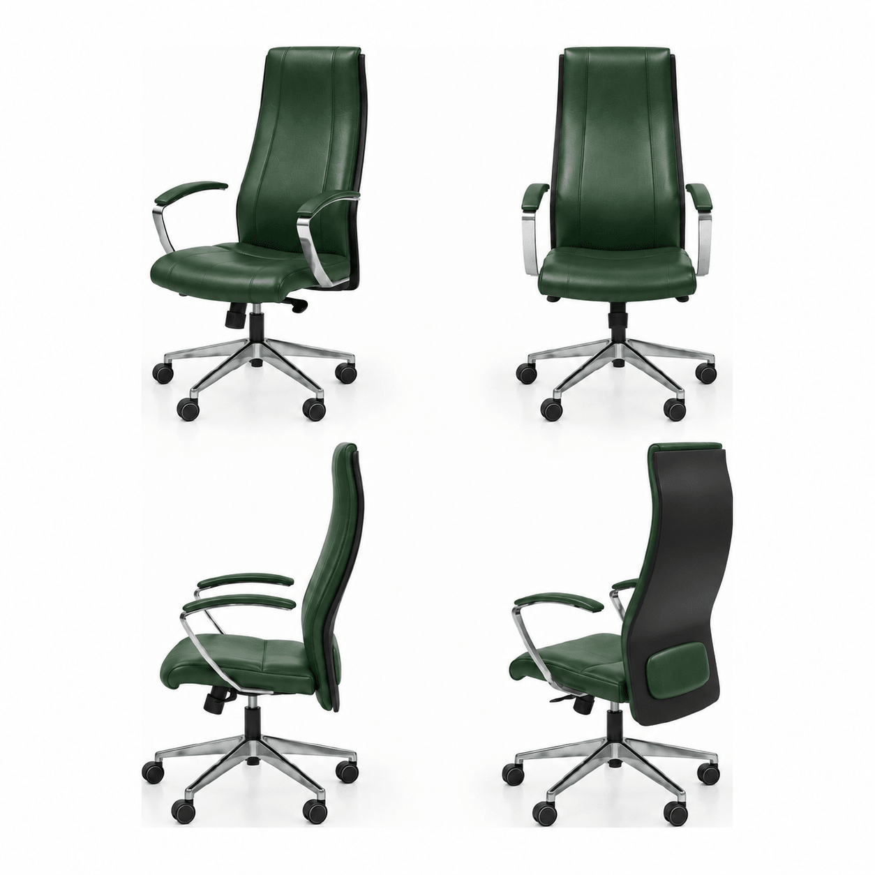 Scaun de birou președinte BOSS din piele naturală verde, cu spătar înalt, brațe și bază cromate, imagine de catalog cu produsul în 4 poziții