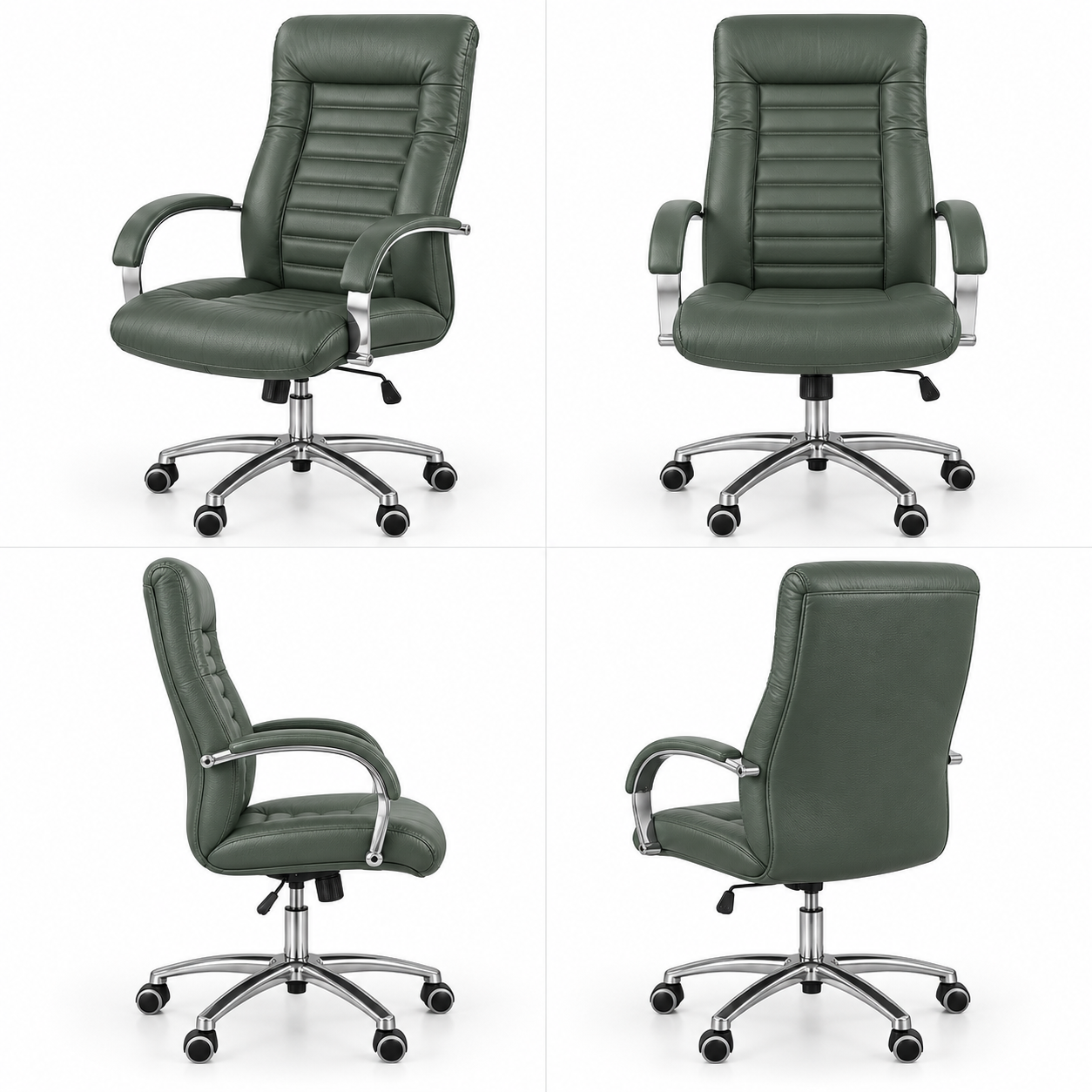 Scaun de birou DALIA P din piele naturală verde, cu spătar înalt matlasat orizontal și bază cromată, imagine de catalog cu produsul în 4 poziții