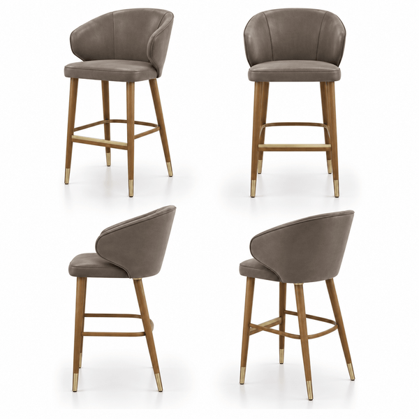 Scaun de bar CAPRICE din piele naturală gri, cu spătar rotunjit și picioare din lemn, imagine de catalog cu produsul în 4 poziții