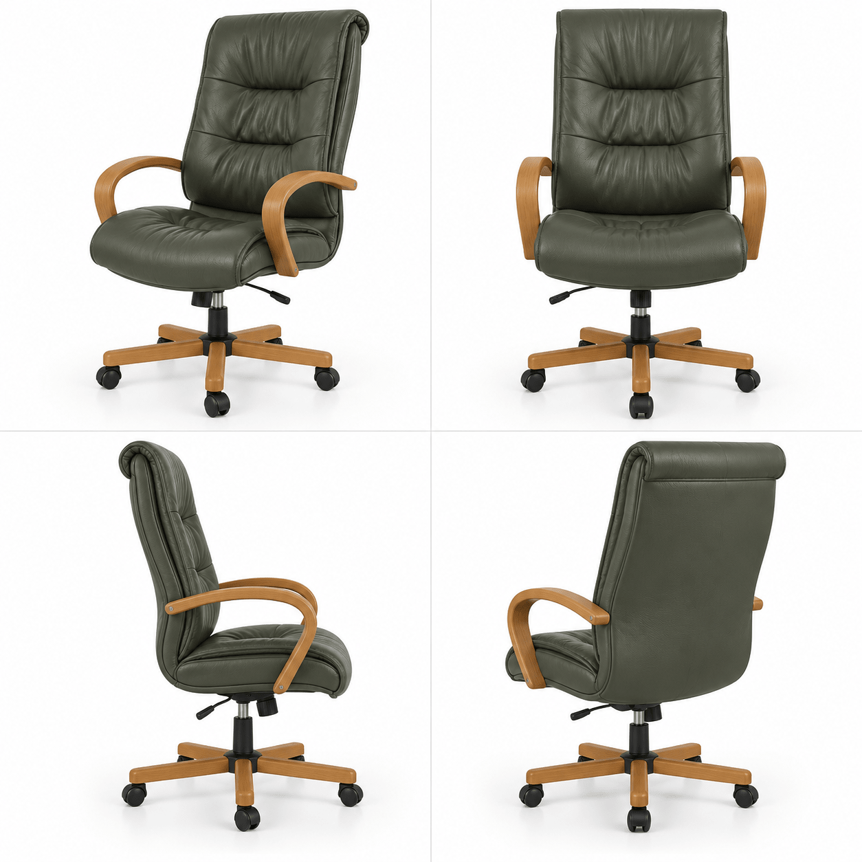 Scaun de birou președinte BIG STAR din piele naturală verde, cu spătar înalt capitonat, brațe și bază din lemn, imagine de catalog cu produsul în 4 poziții