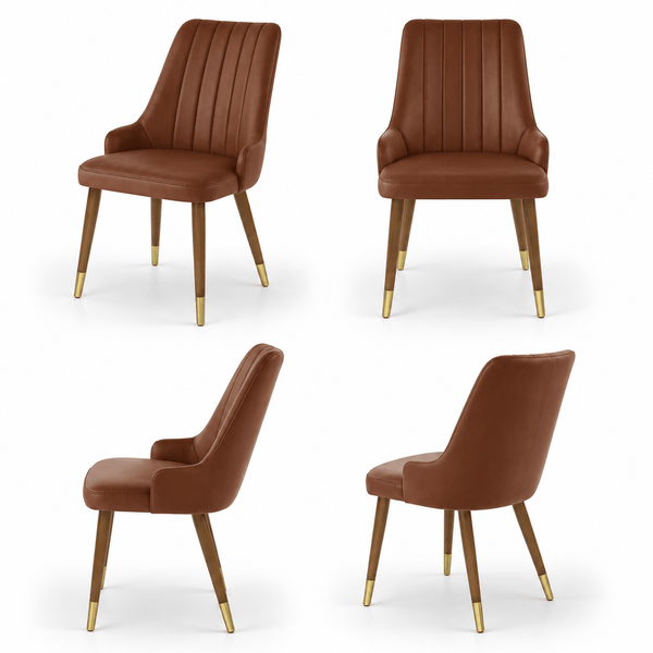 Scaun MIRAY din piele naturală maro, cu spătar matlasat vertical și picioare din lemn, imagine de catalog cu produsul în 4 poziții