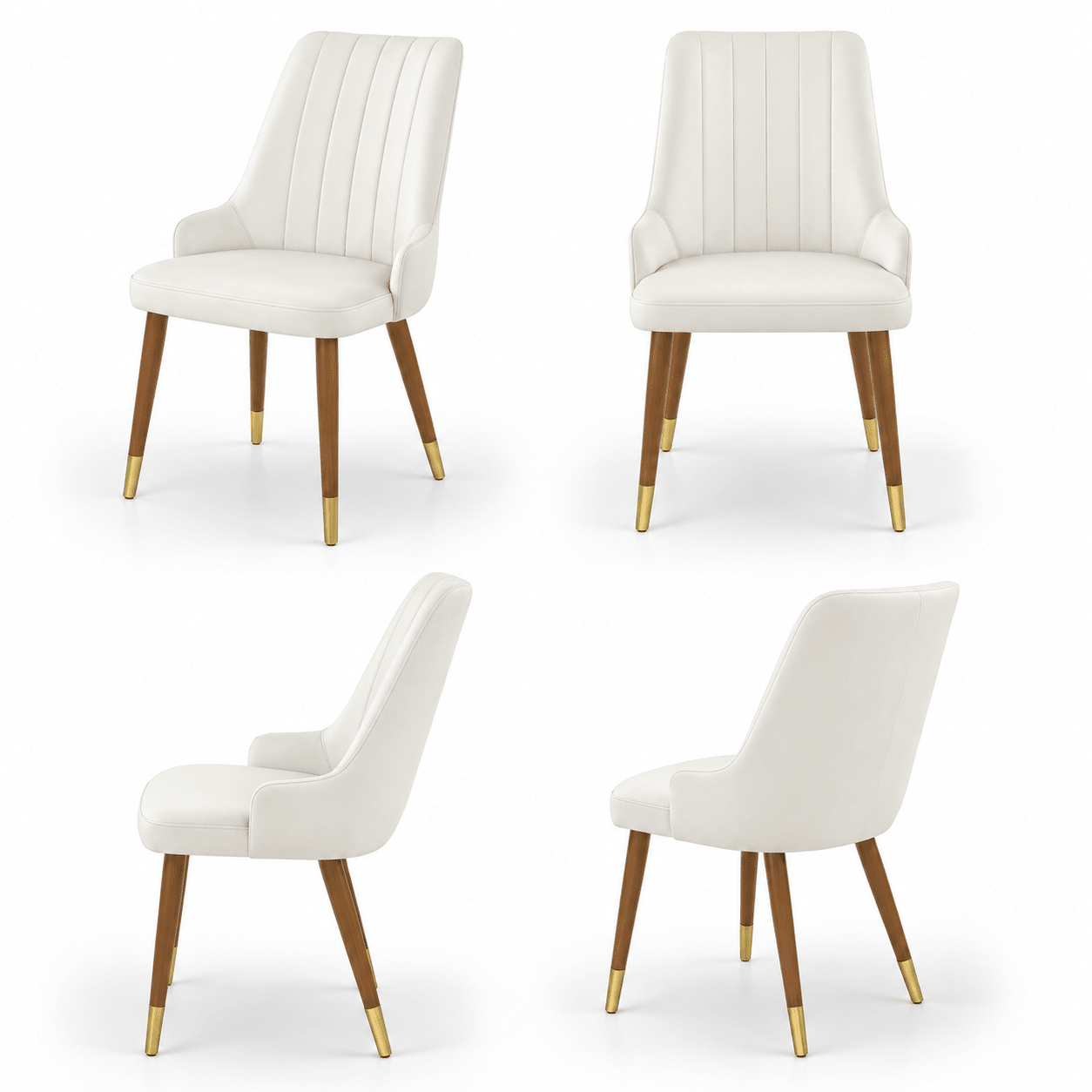 Scaun MIRAY din piele naturală albă, cu spătar matlasat vertical și picioare din lemn, imagine de catalog cu produsul în 4 poziții
