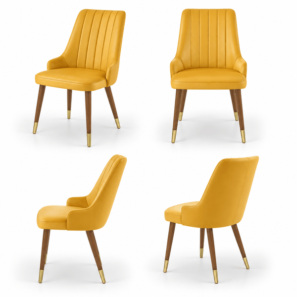 Scaun MIRAY din piele naturală galbenă, cu spătar matlasat vertical și picioare din lemn, imagine de catalog cu produsul în 4 poziții