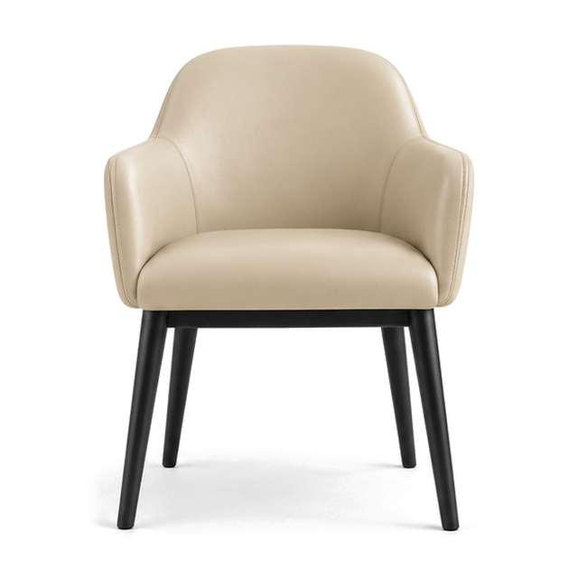 Scaun PERDIX din piele naturală bej, cu brațe rotunjite și picioare negre, vedere frontală