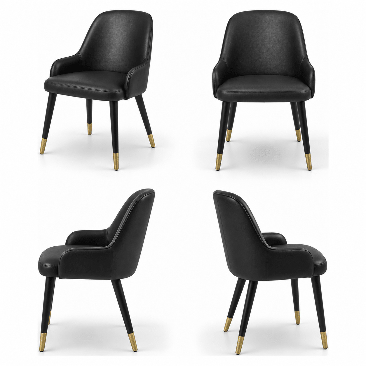 Scaun ROCCO din piele naturală neagră, cu spătar înalt curbat în brațe și picioare din lemn, imagine de catalog cu produsul în 4 poziții