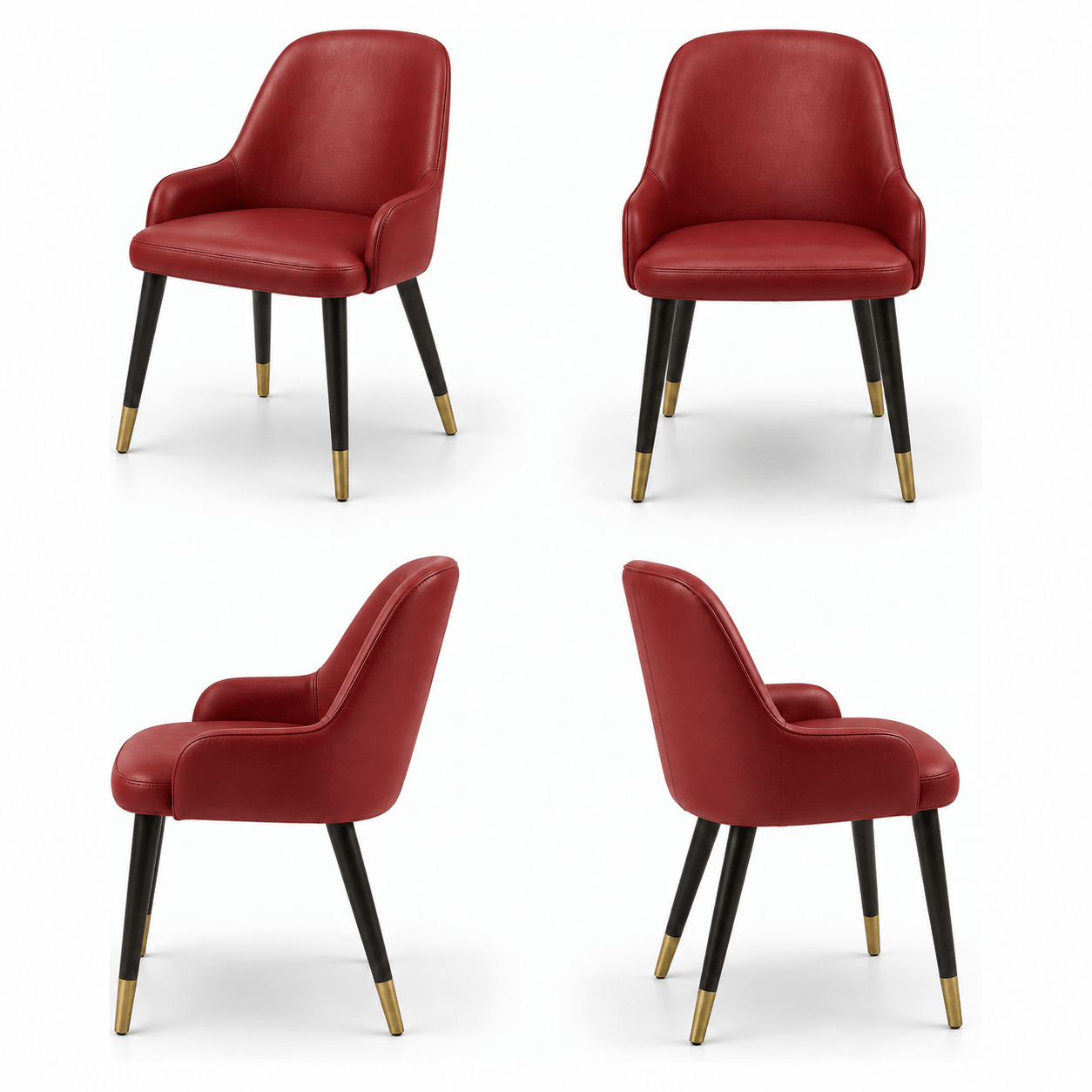Scaun ROCCO din piele naturală roșie, cu spătar înalt curbat în brațe și picioare din lemn, imagine de catalog cu produsul în 4 poziții