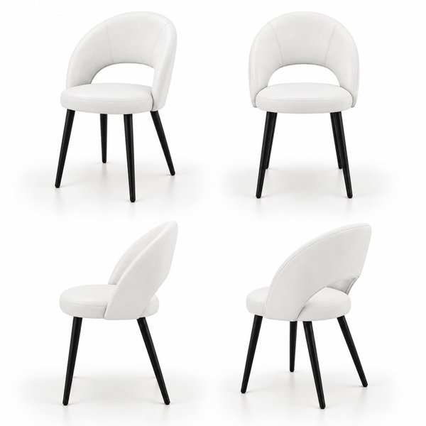Scaun RON din piele naturală albă, cu spătar decupat și picioare negre, imagine de catalog cu produsul în 4 poziții