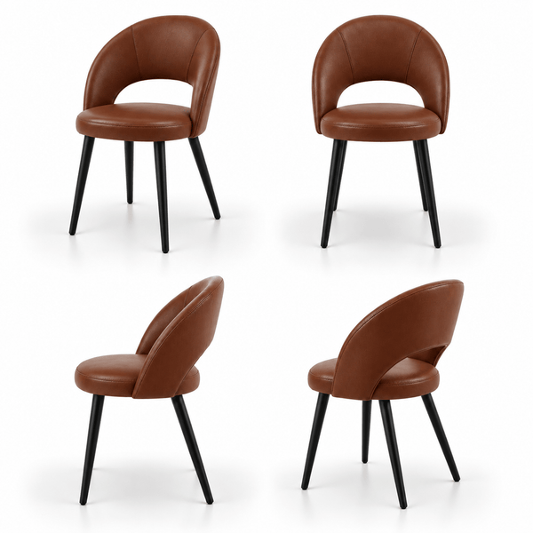 Scaun RON din piele naturală maro, cu spătar decupat și picioare negre, imagine de catalog cu produsul în 4 poziții