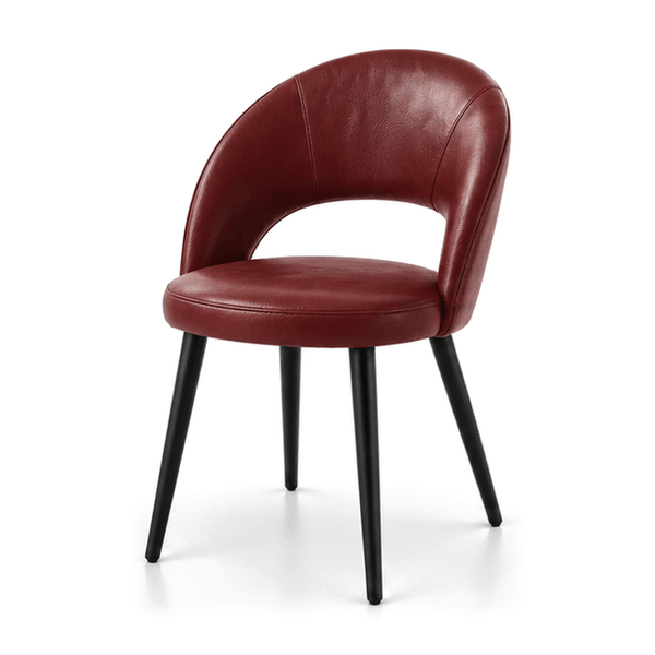 Scaun RON din piele naturală bordo, cu spătar decupat și picioare negre, vedere din unghi