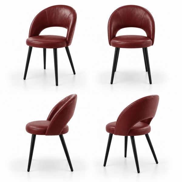 Scaun RON din piele naturală bordo, cu spătar decupat și picioare negre, imagine de catalog cu produsul în 4 poziții