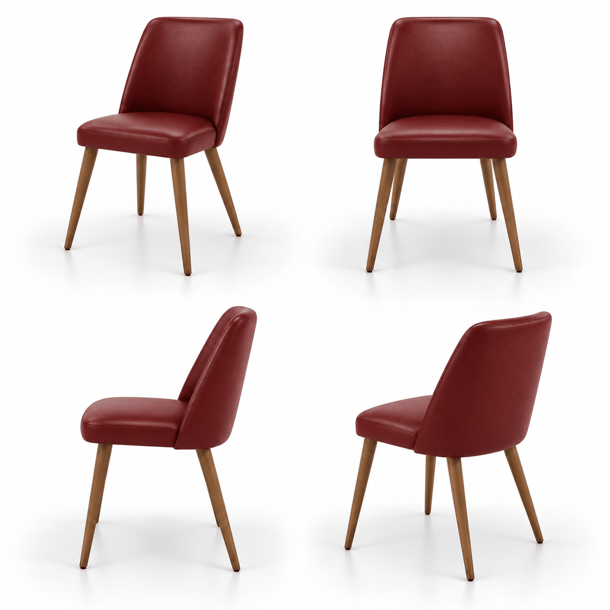 Scaun SOLO din piele naturală bordo, cu spătar drept și picioare din stejar, imagine de catalog cu produsul în 4 poziții