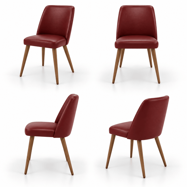 Scaun SOLO din piele naturală bordo, cu spătar drept și picioare din stejar, imagine de catalog cu produsul în 4 poziții