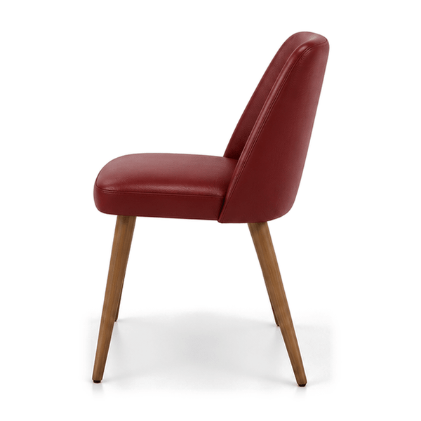 Scaun SOLO din piele naturală bordo, cu spătar drept și picioare din stejar, vedere laterală