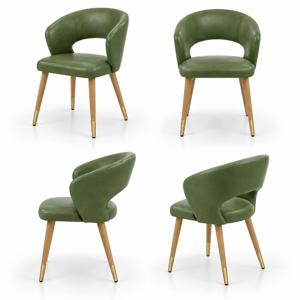Scaun THOMAS din piele naturală verde, cu spătar decupat și picioare din lemn, imagine de catalog cu produsul în 4 poziții