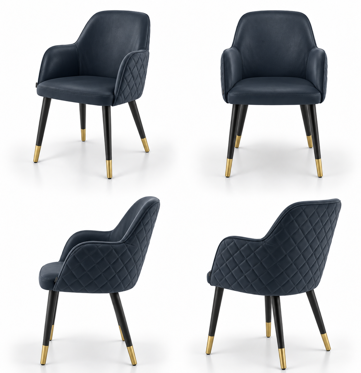 Scaun PINO X din piele bleumarin, cu spătar rotunjit continuat în brațe scurte, matlasat în romburi pe exteriorul spătarului și al lateralelor, picioare negre cu capete aurii, imagine de catalog cu produsul în 4 poziții
