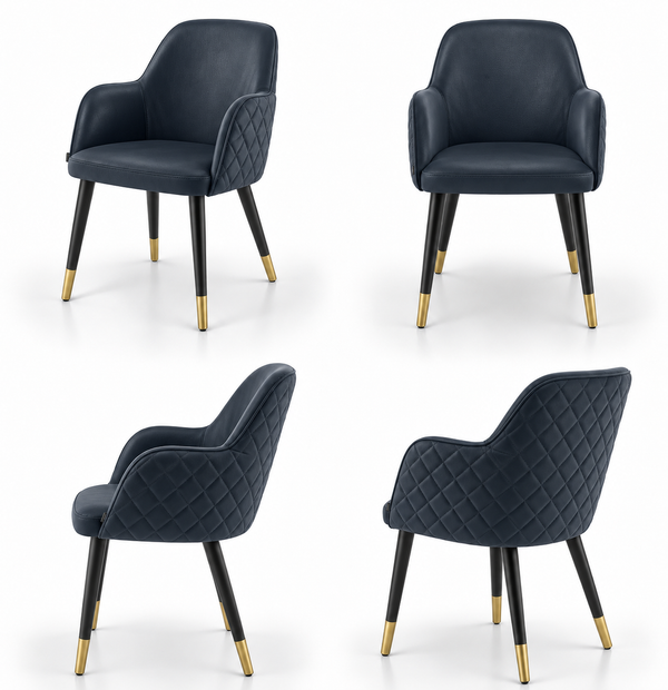 Scaun PINO X din piele bleumarin, cu spătar rotunjit continuat în brațe scurte, matlasat în romburi pe exteriorul spătarului și al lateralelor, picioare negre cu capete aurii, imagine de catalog cu produsul în 4 poziții