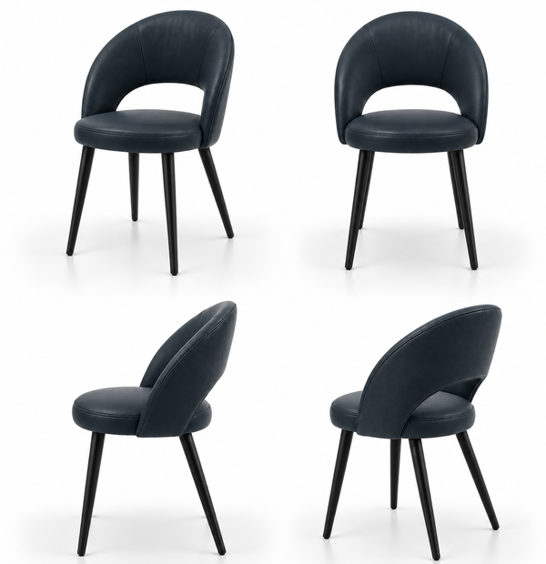 Scaun RON din piele bleumarin, cu spătar rotunjit decupat deasupra șezutului, șezut rotund și picioare negre subțiri, imagine de catalog cu produsul în 4 poziții